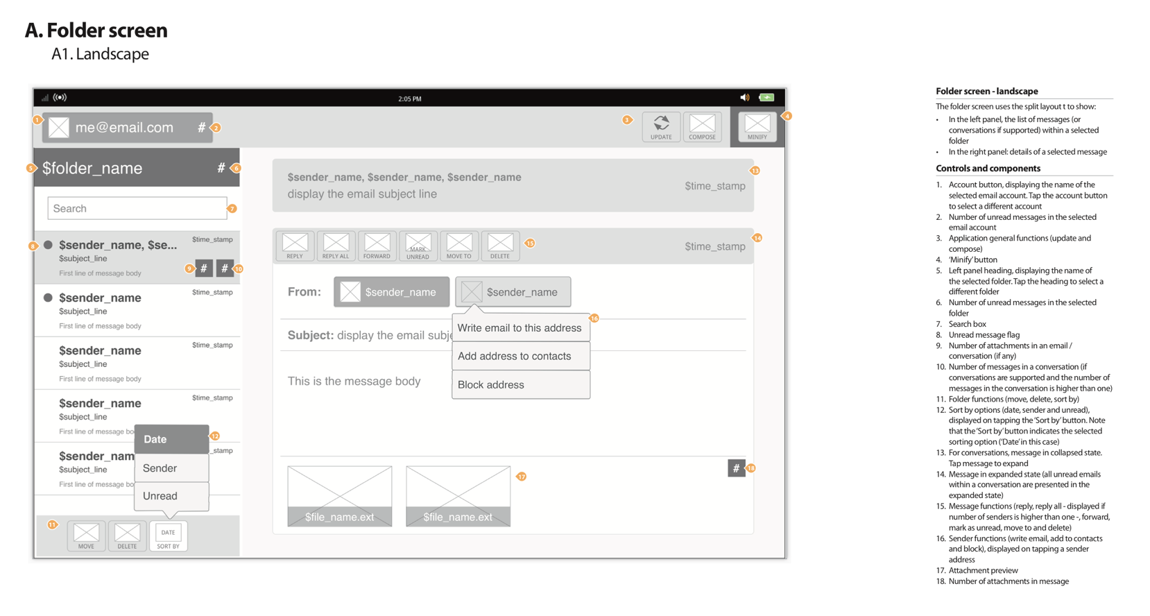 Email application wireframes - Tizen tablet operating system