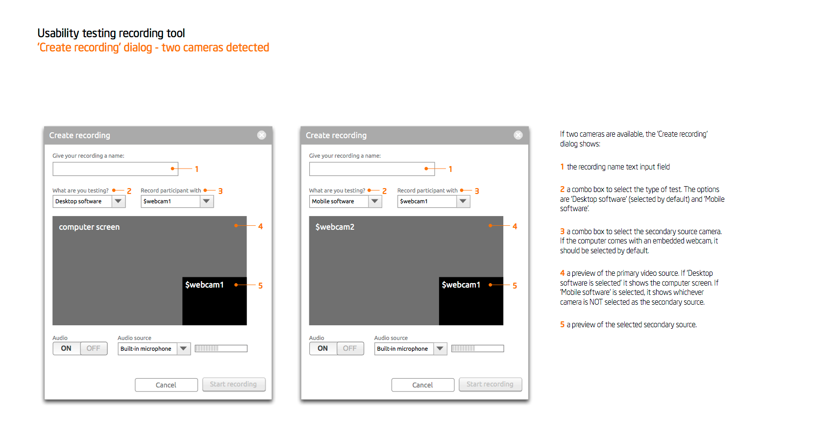 Wireframes for Insight Recorder, a Linux usability testing tool